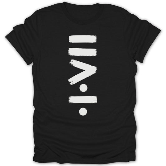 Black t-shirt with a white brushstroke symbol resembling greater than and division signs.