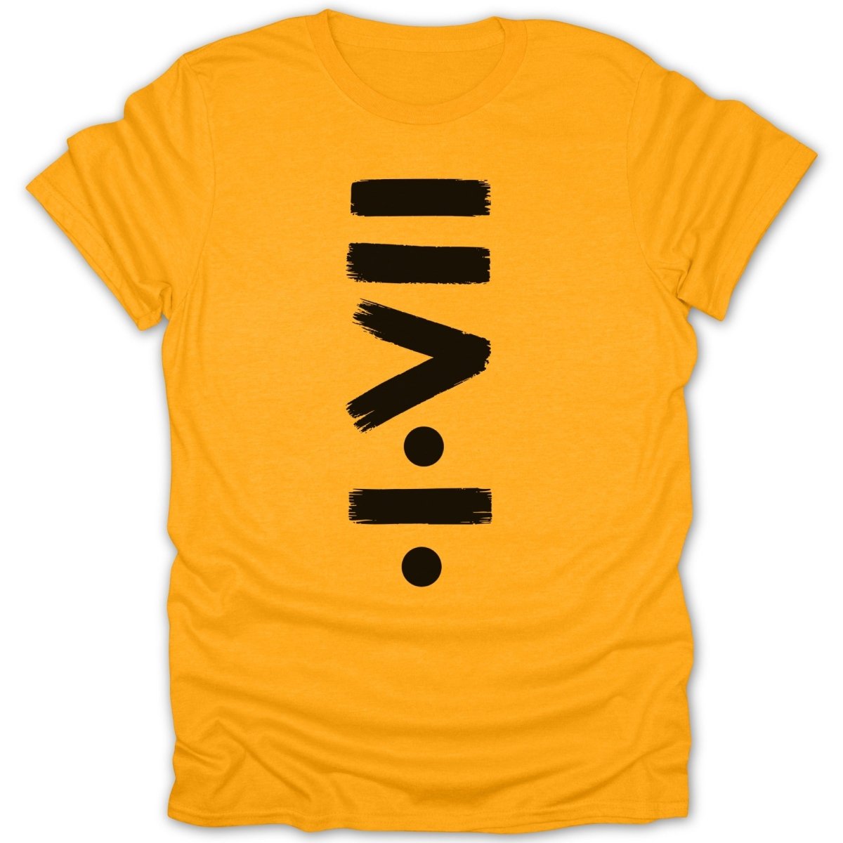 Yellow t-shirt with black brushed strokes forming abstract symbols resembling Roman numerals.