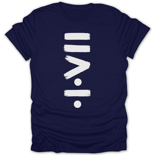 Navy t-shirt with white brushstroke equal to symbol and division symbol.