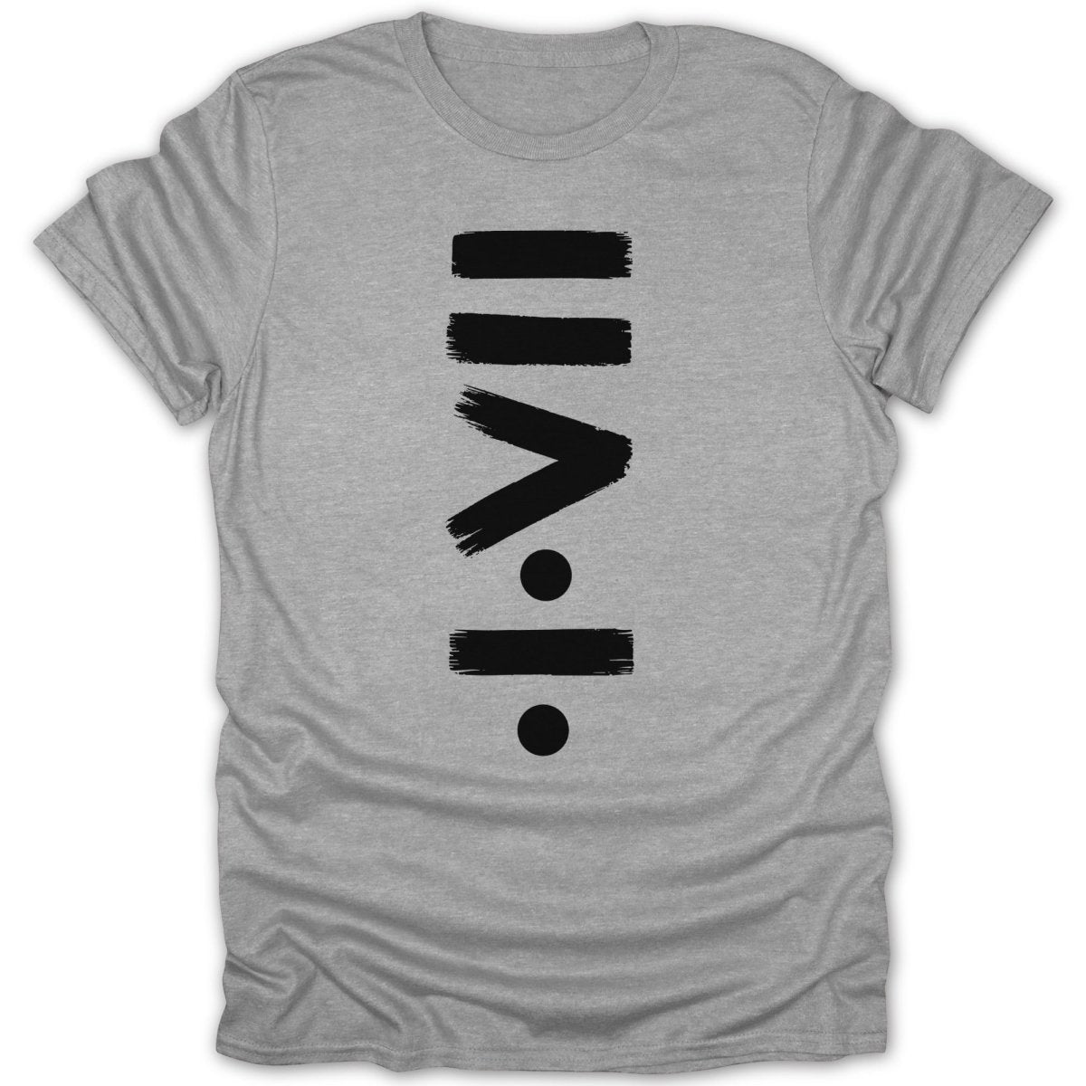 Grey t-shirt with black brushstroke symbol: equals, greater than, colon.