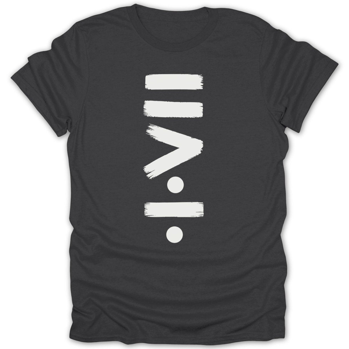 Dark gray t-shirt with white brushstroke symbol of division.
