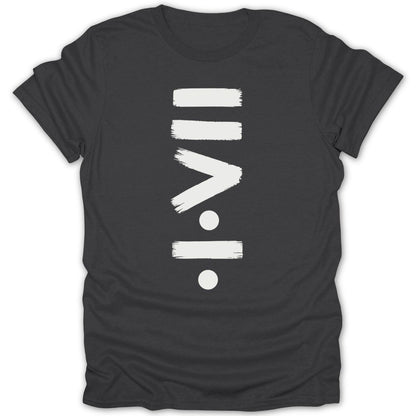 Dark gray t-shirt with white brushstroke symbol of division.