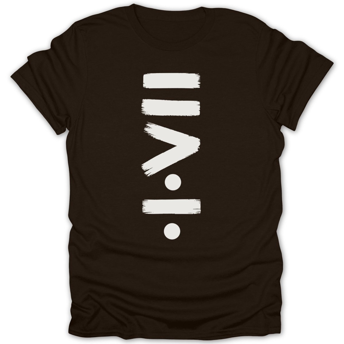 Brown t-shirt with white brushstroke symbols: Roman numerals II, V, I, II.