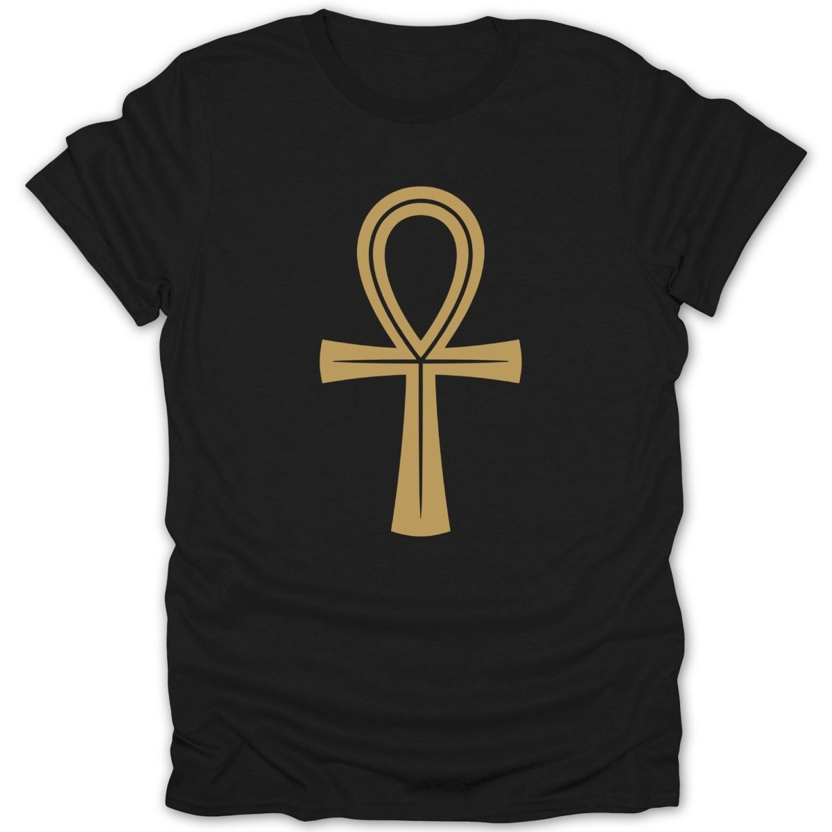 Black t-shirt with gold ankh symbol graphic.