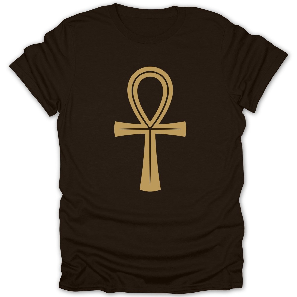 Brown t-shirt with a gold ankh symbol design.