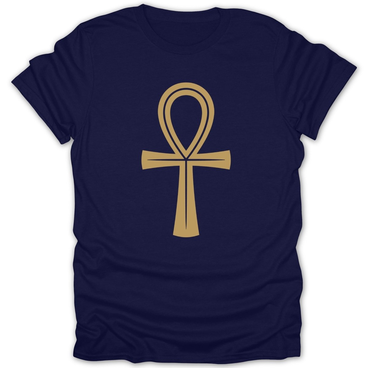 Navy t-shirt with gold ankh symbol centered on the chest.