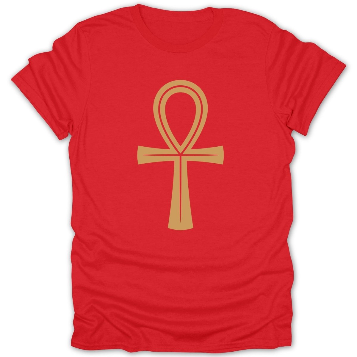 Red t-shirt with a gold ankh symbol.