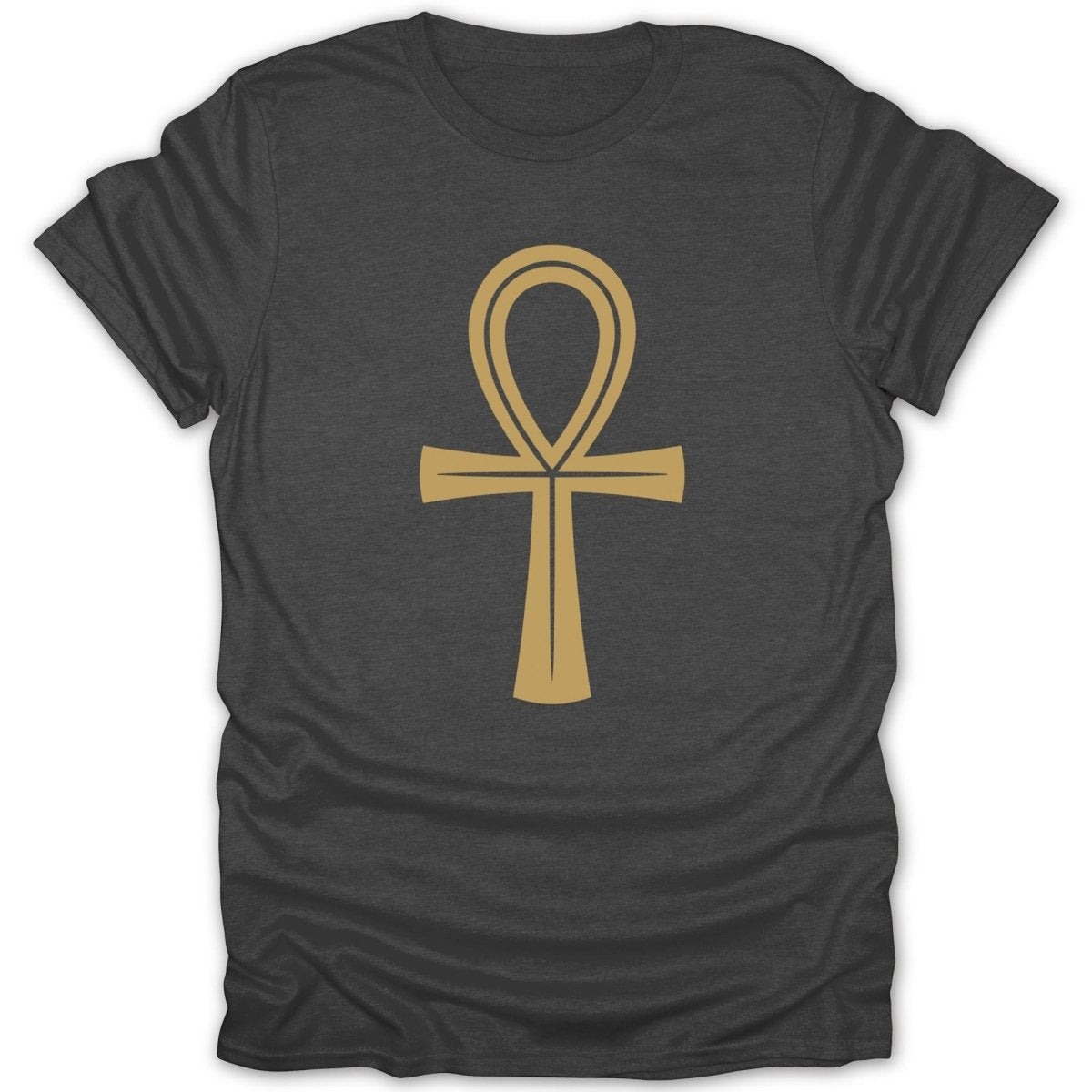 Dark grey t-shirt with a large gold ankh symbol centered on the chest.
