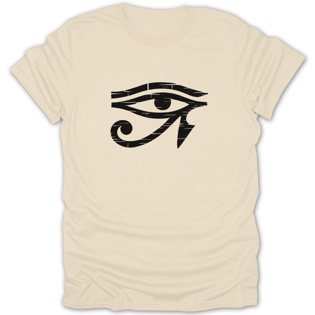 Cream t-shirt with a black distressed Egyptian Eye of Horus graphic.