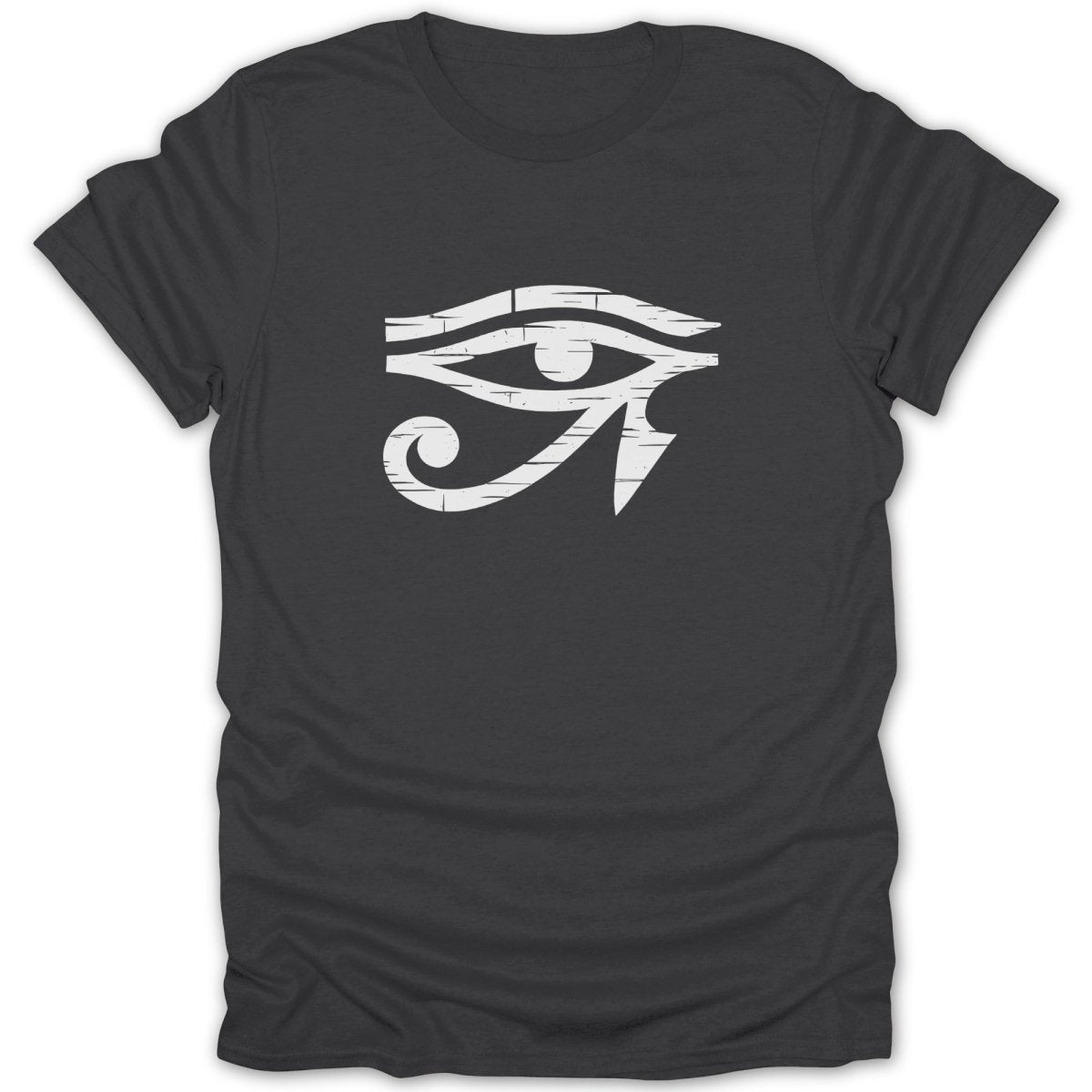 Dark grey t-shirt with distressed white Eye of Horus graphic.