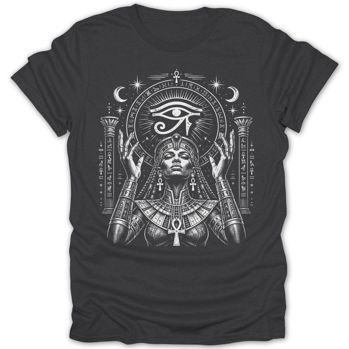 Black and white illustration of an Egyptian goddess with the Eye of Horus.