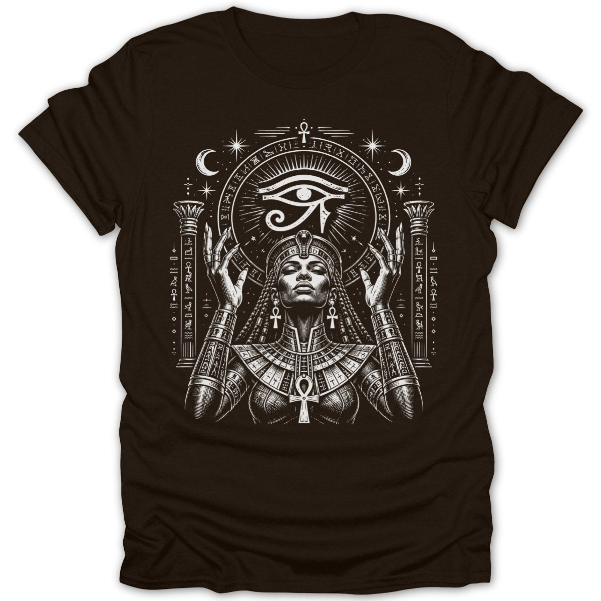 Egyptian Eye of Horus goddess wearing headdress and jewelry, surrounded by hieroglyphs.