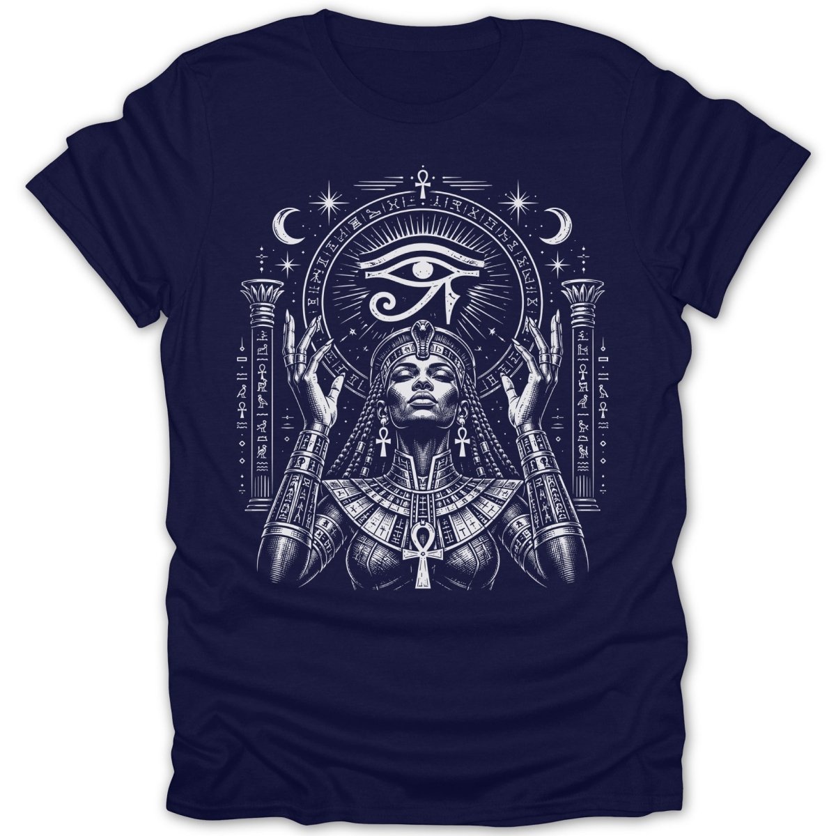 Egyptian woman with outstretched arms, Eye of Horus, stars, moon, and hieroglyphs.