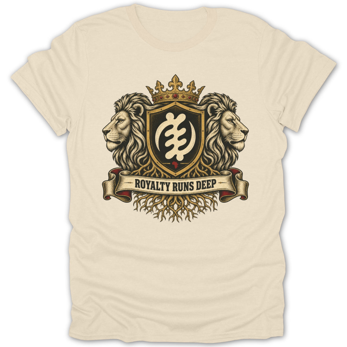 Cream t-shirt with lion crest, crown, and "Royalty Runs Deep" banner.