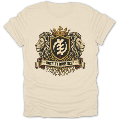 Cream t-shirt with lion crest, crown, and "Royalty Runs Deep" banner.