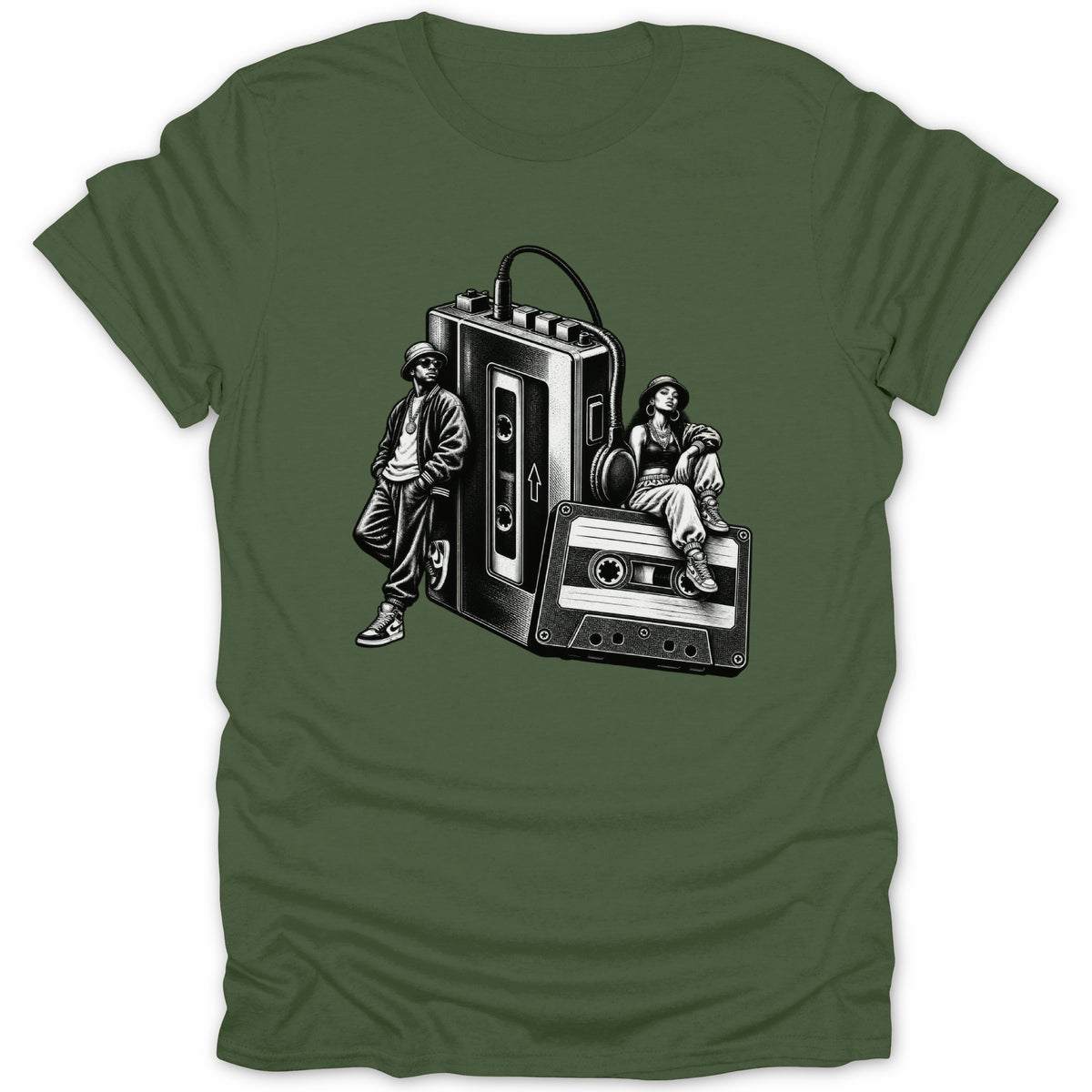 Black and white illustration of two people and a large cassette tape on a green t-shirt.