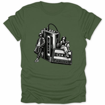 Black and white illustration of two people and a large cassette tape on a green t-shirt.