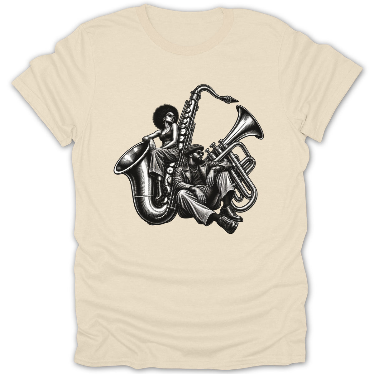 Black and white illustration of a woman and man with musical instruments.