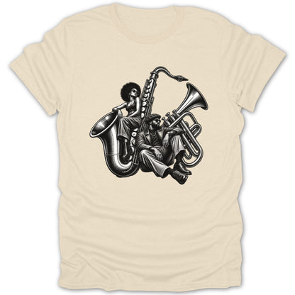 Black and white illustration of a woman and man with musical instruments.