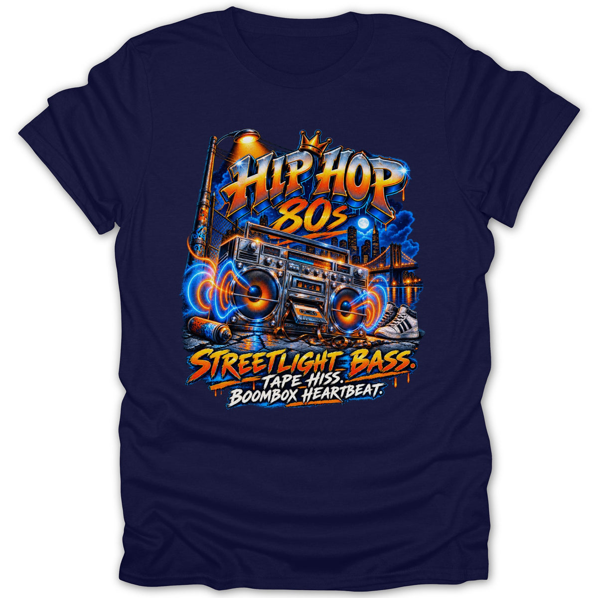 Retro boombox, street art, and text: "Hip Hop 80s, Streetlight Bass, Tape Hiss, Boombox Heartbeat."