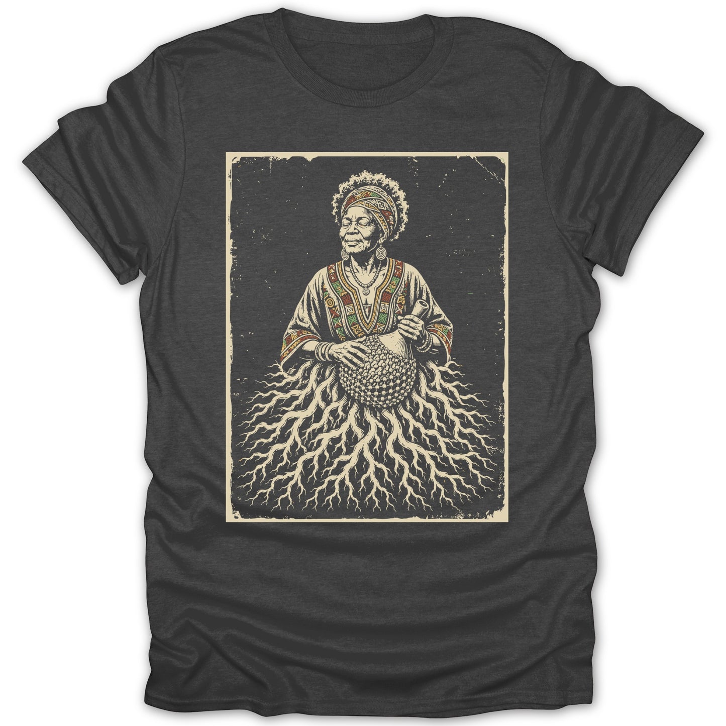 Illustration of woman in traditional clothing playing shekere, with roots for skirt.