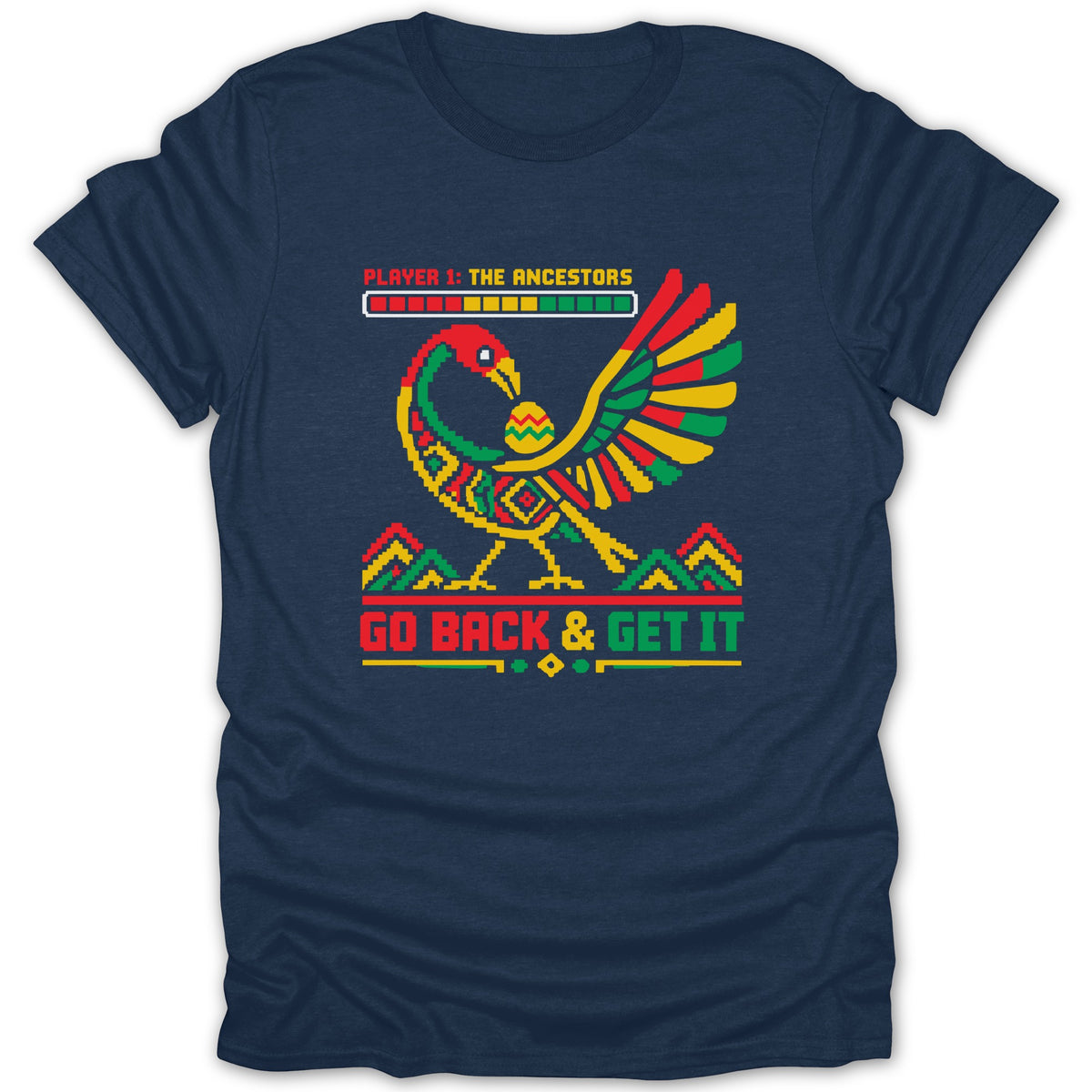 Pixel art bird with Pan-African flag colors and "GO BACK & GET IT" text.