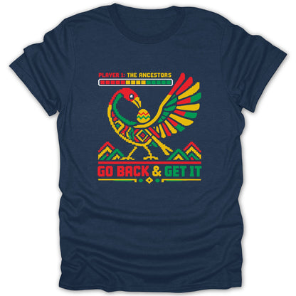 Pixel art bird with Pan-African flag colors and "GO BACK & GET IT" text.