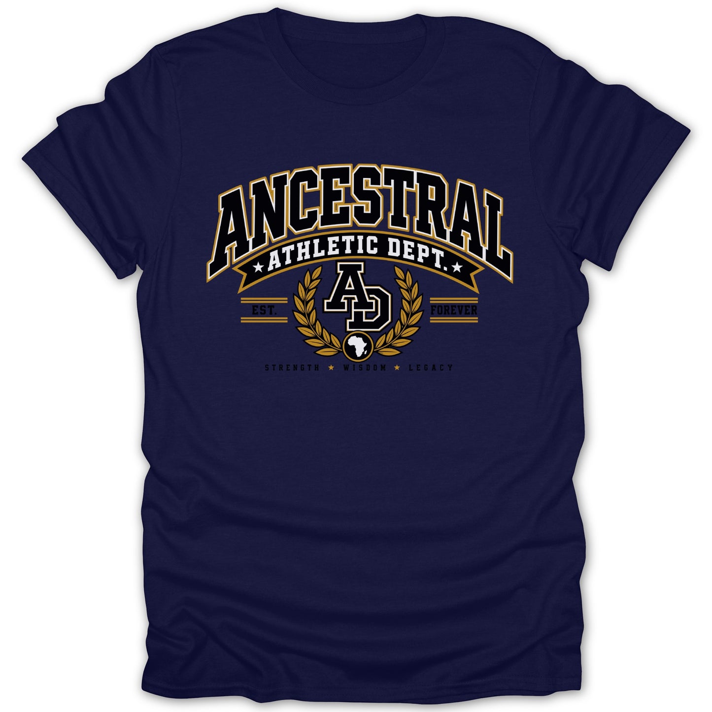 Navy t-shirt with "Ancestral Athletic Dept." text and "AD" logo.