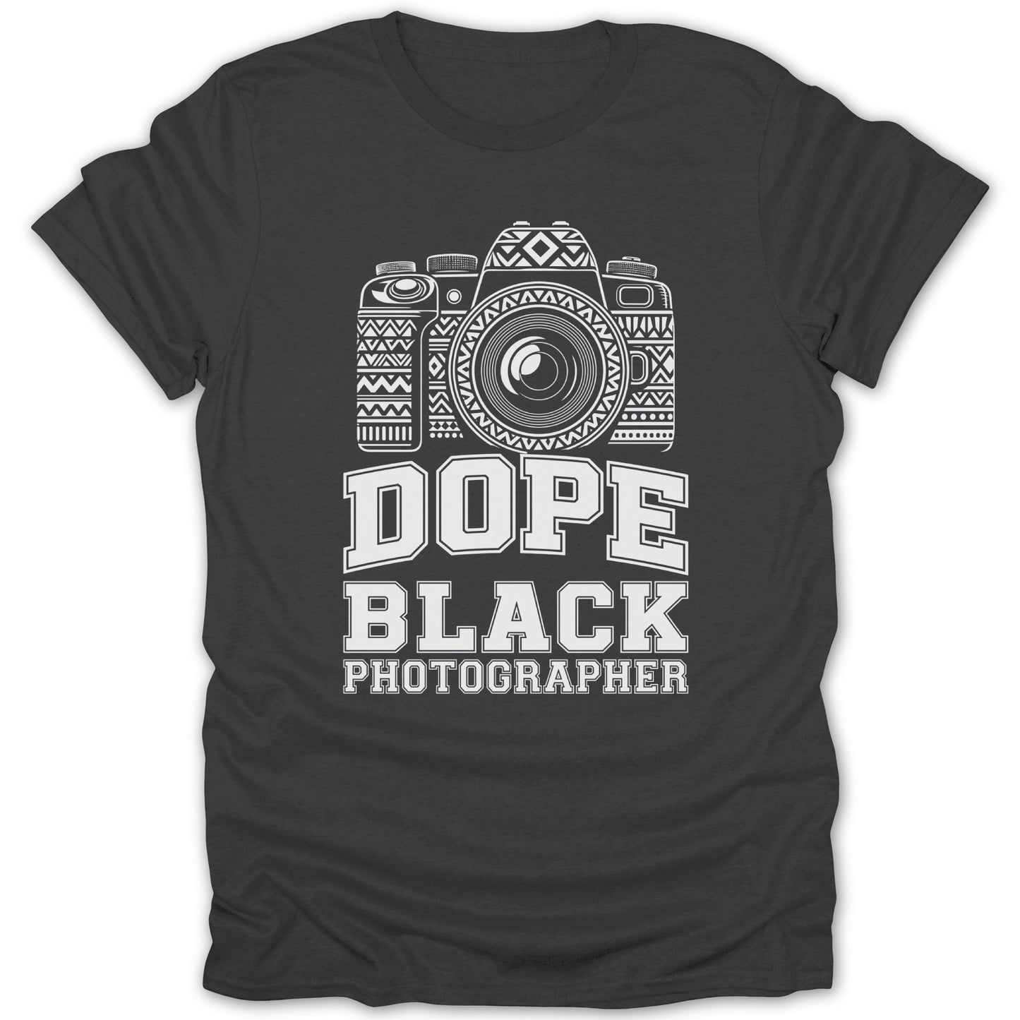 Dark t-shirt with white graphic of a camera and text "DOPE BLACK PHOTOGRAPHER".