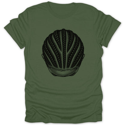 Green t-shirt with a detailed black illustration of a person's braided hair.