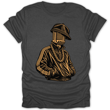 Microphone head with baseball cap, chain, and tracksuit on t-shirt.