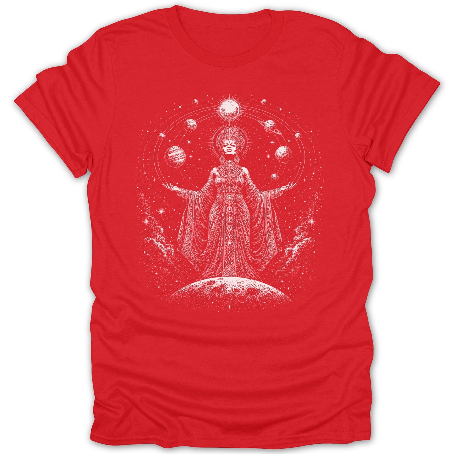 Red t-shirt with white print of a celestial woman holding planets amongst stars.