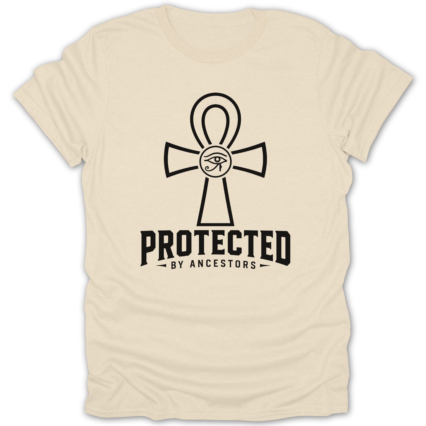 Cream t-shirt with black Ankh symbol and "PROTECTED BY ANCESTORS" text.