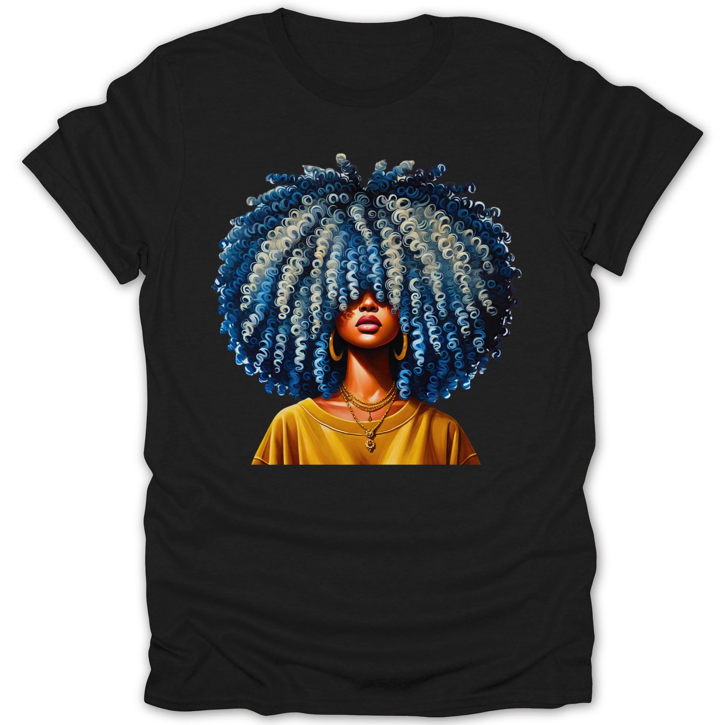 Blue Curls Afro Art on Black T-shirt product type