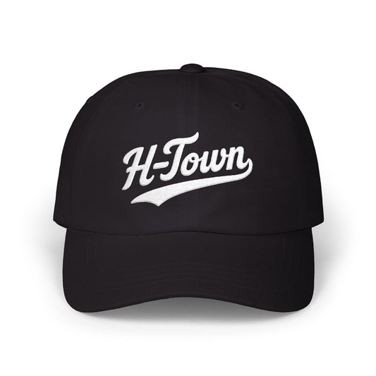Black baseball cap with "H-Town" embroidered in white script.