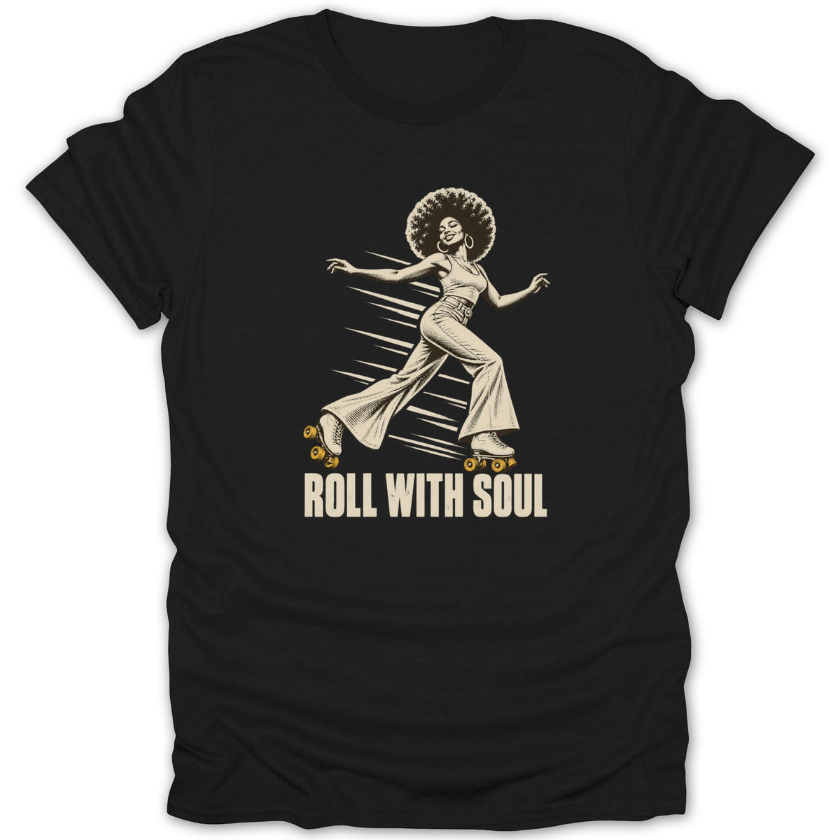A black t-shirt featuring a retro graphic of a woman roller skating with the text Roll With Soul.