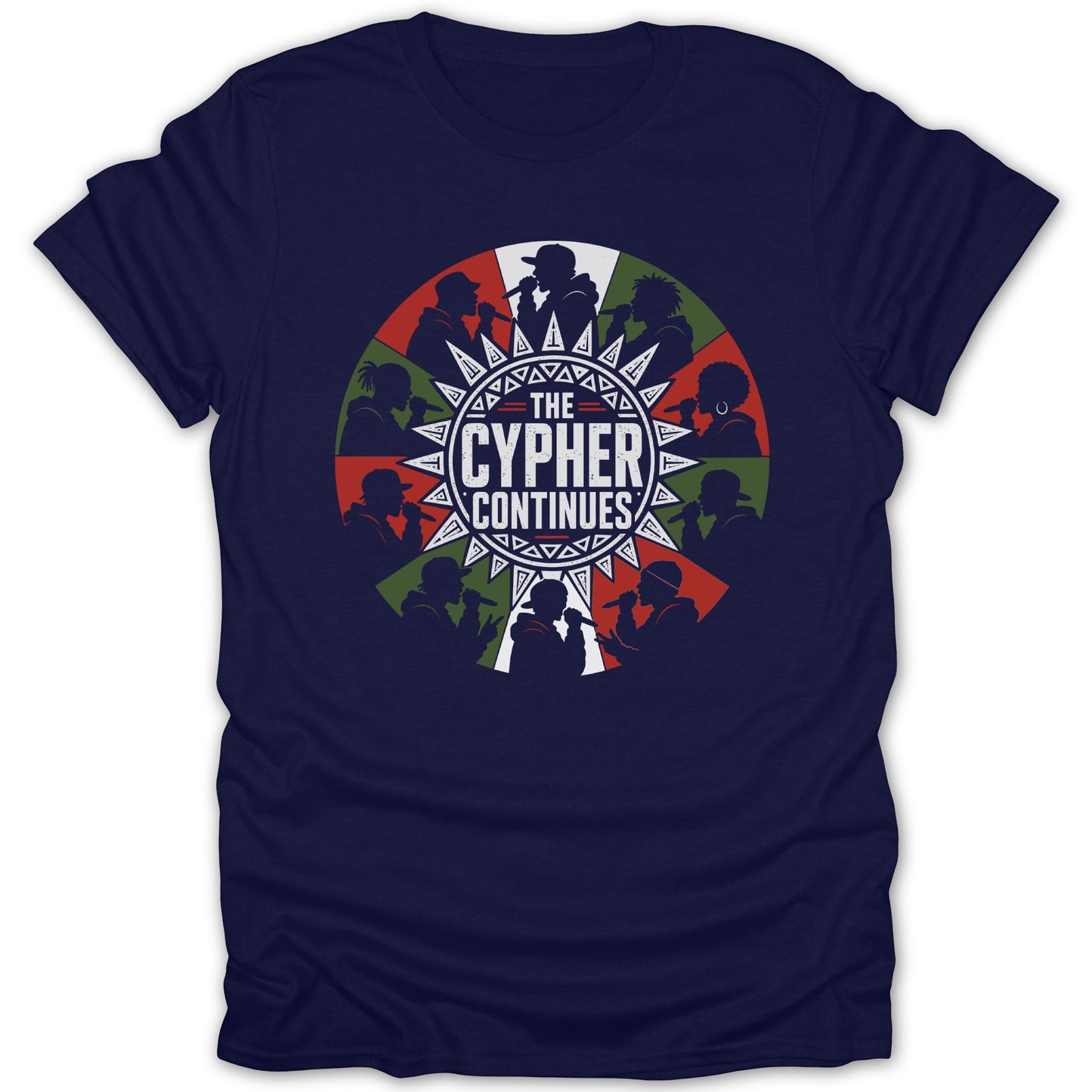 The cypher continues graphic on a navy t-shirt with silhouettes of rappers.