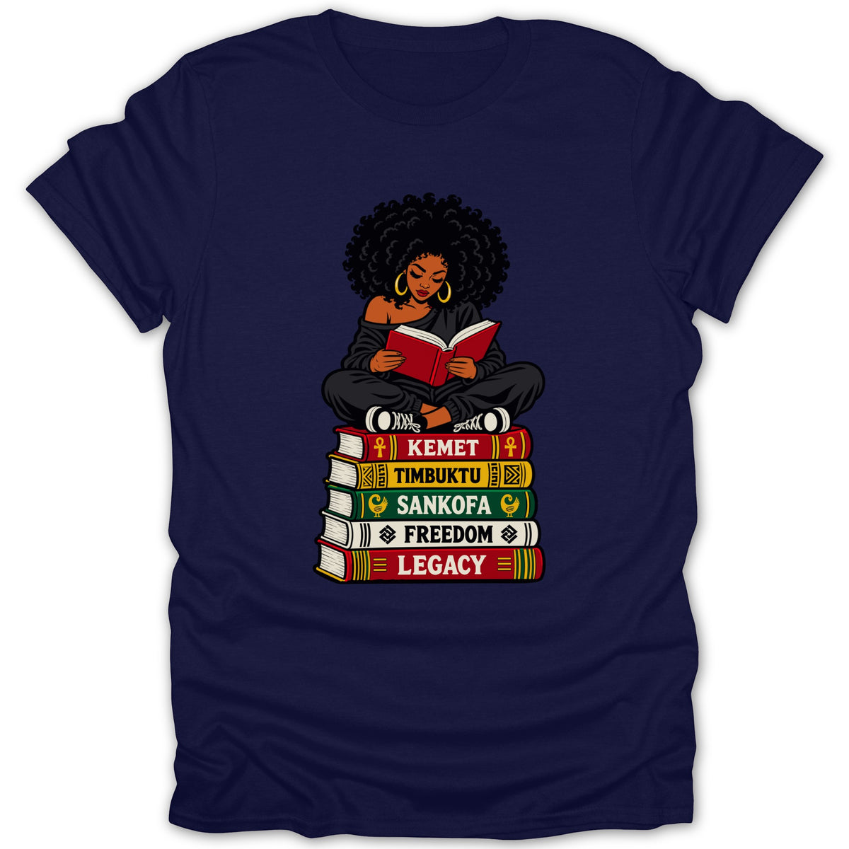 Woman reading on stack of books: Kemet, Timbuktu, Sankofa, Freedom, Legacy.