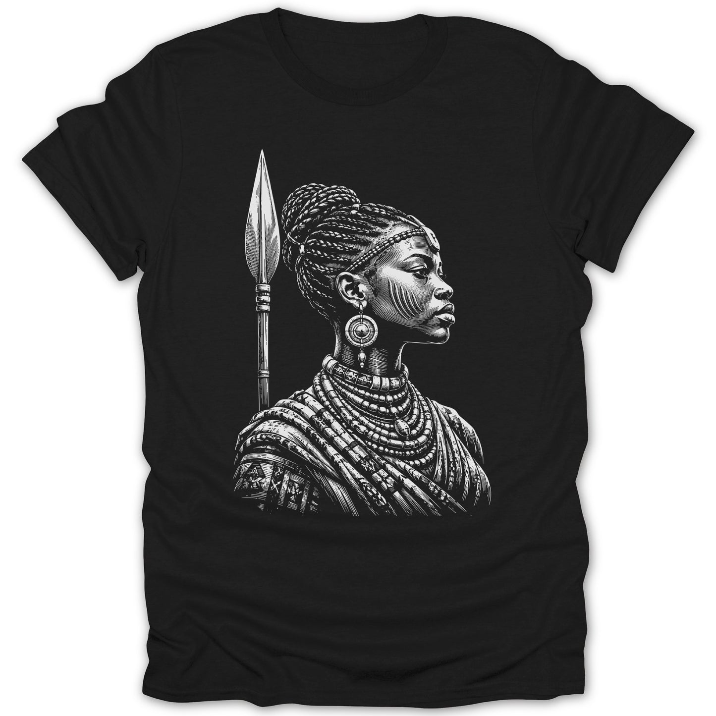 Black t-shirt with a white sketch of a warrior woman holding a spear.