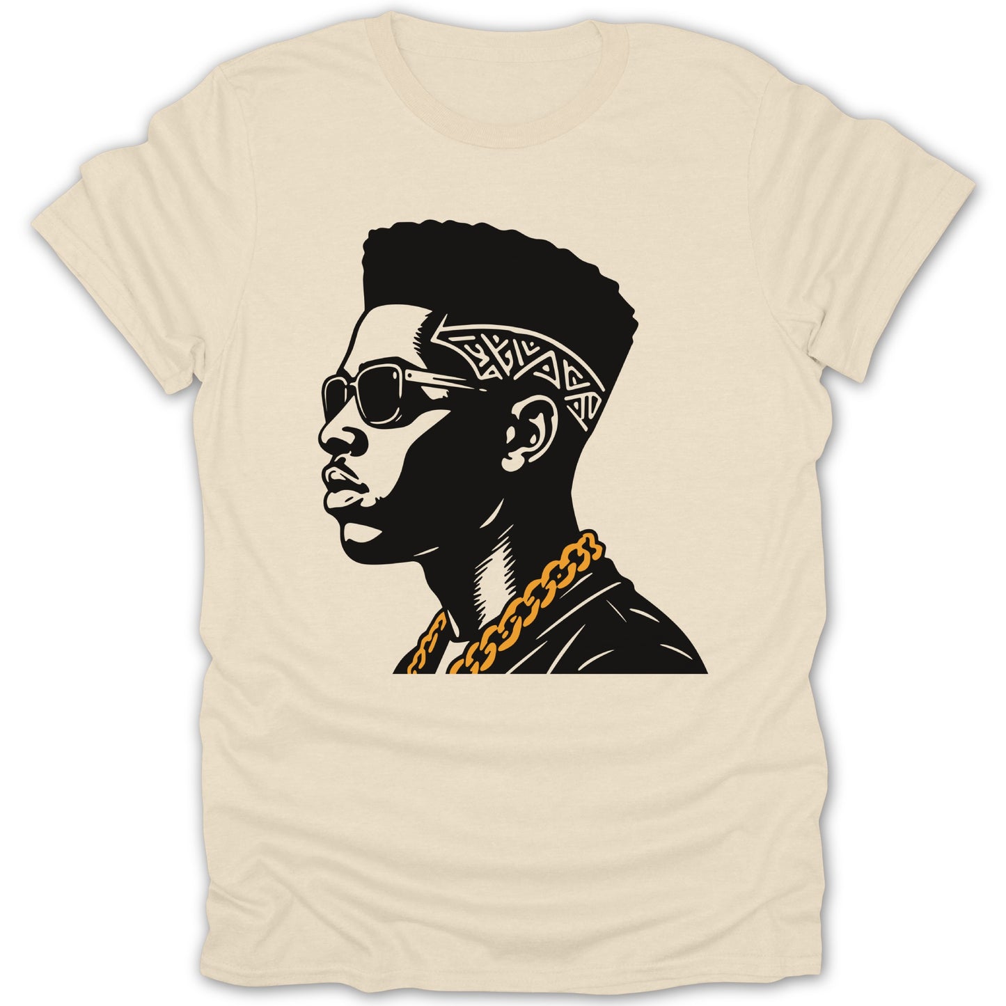 Black and white graphic of a man with sunglasses and a gold chain on a cream t-shirt.