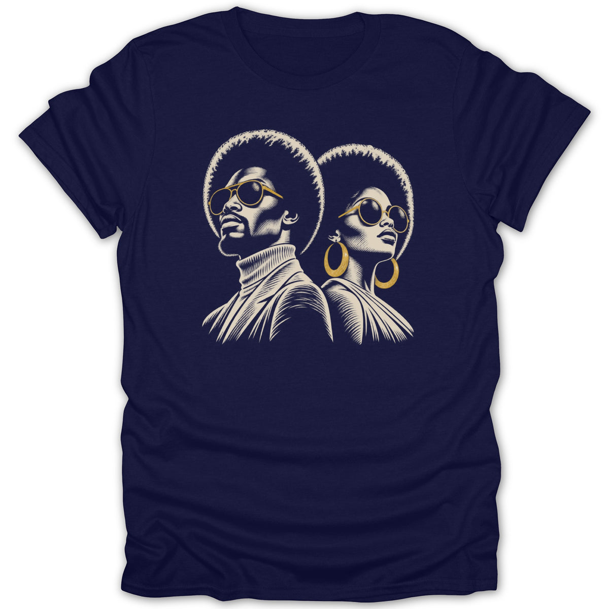 Navy blue t-shirt featuring a retro graphic of a man and woman with afros and sunglasses.