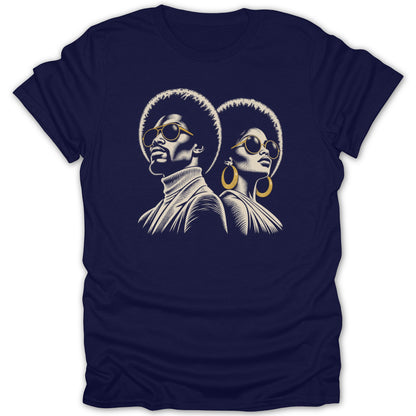 Navy blue t-shirt featuring a retro graphic of a man and woman with afros and sunglasses.
