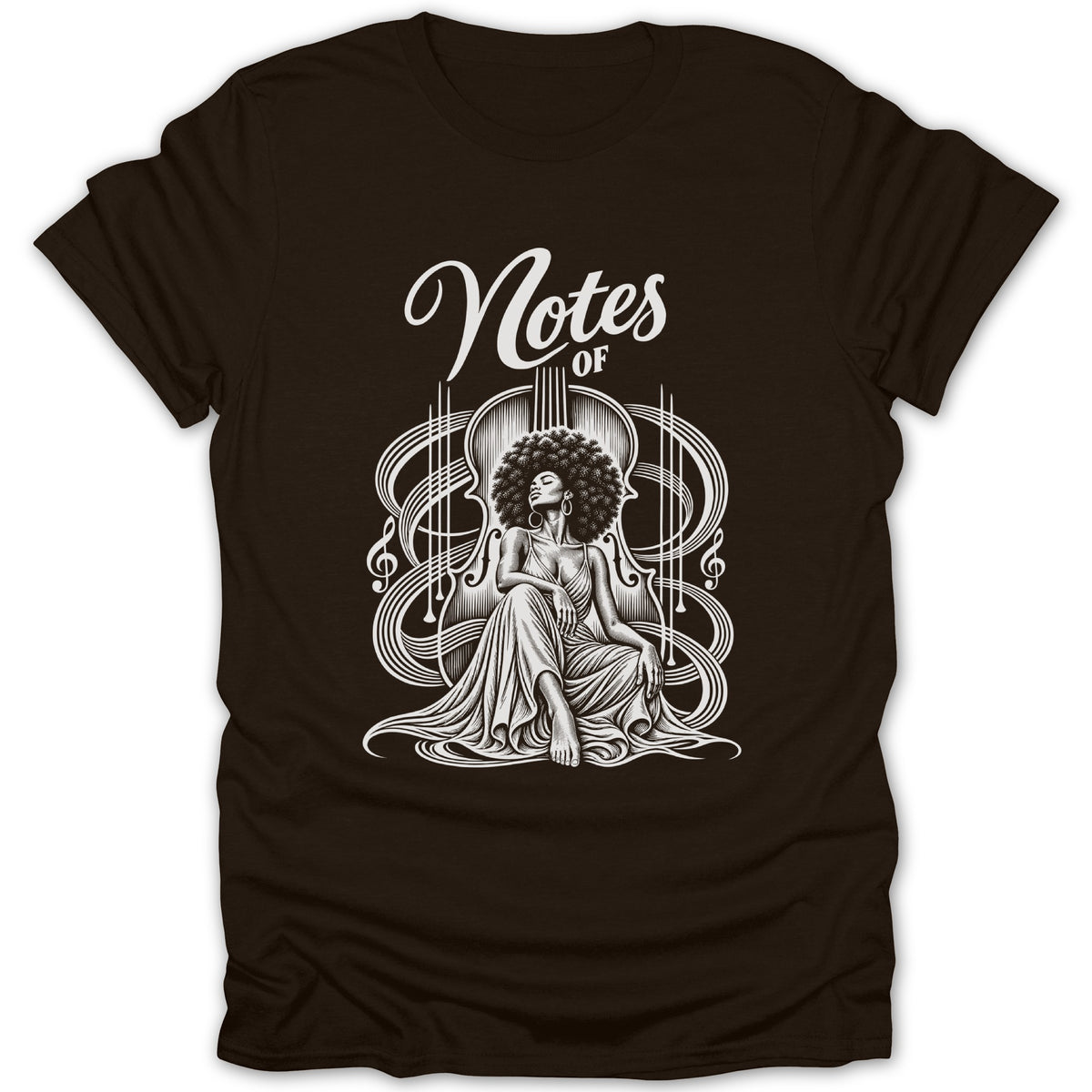 T-shirt with a woman and violin design and the text "Notes of".
