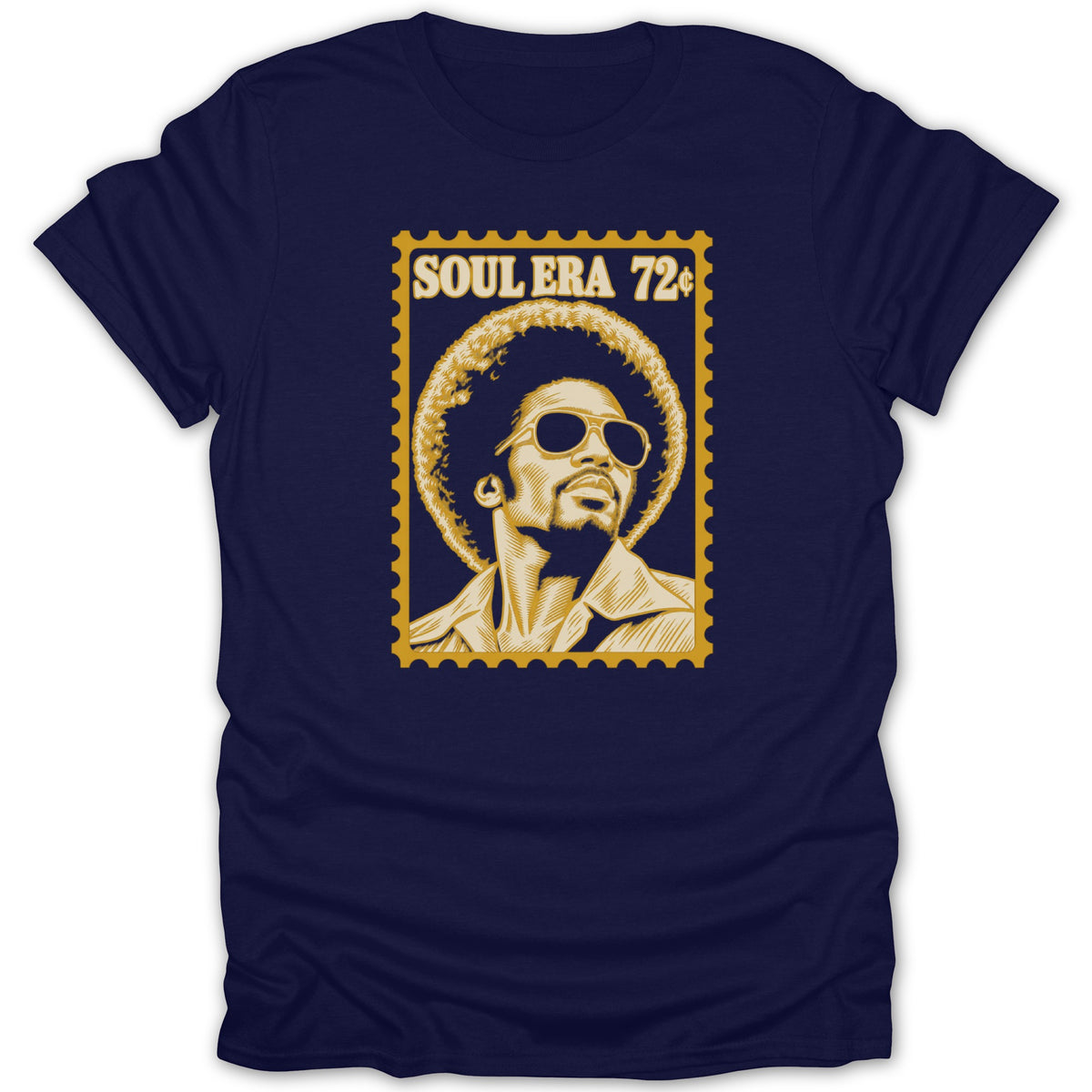 Dark blue t-shirt featuring a gold postage stamp graphic with a person wearing sunglasses and text reading Soul Era 72 cents.