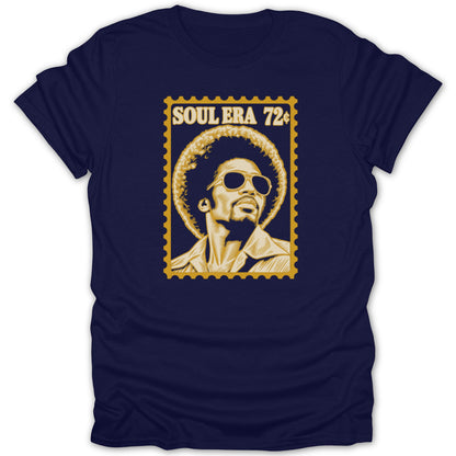 Dark blue t-shirt featuring a gold postage stamp graphic with a person wearing sunglasses and text reading Soul Era 72 cents.