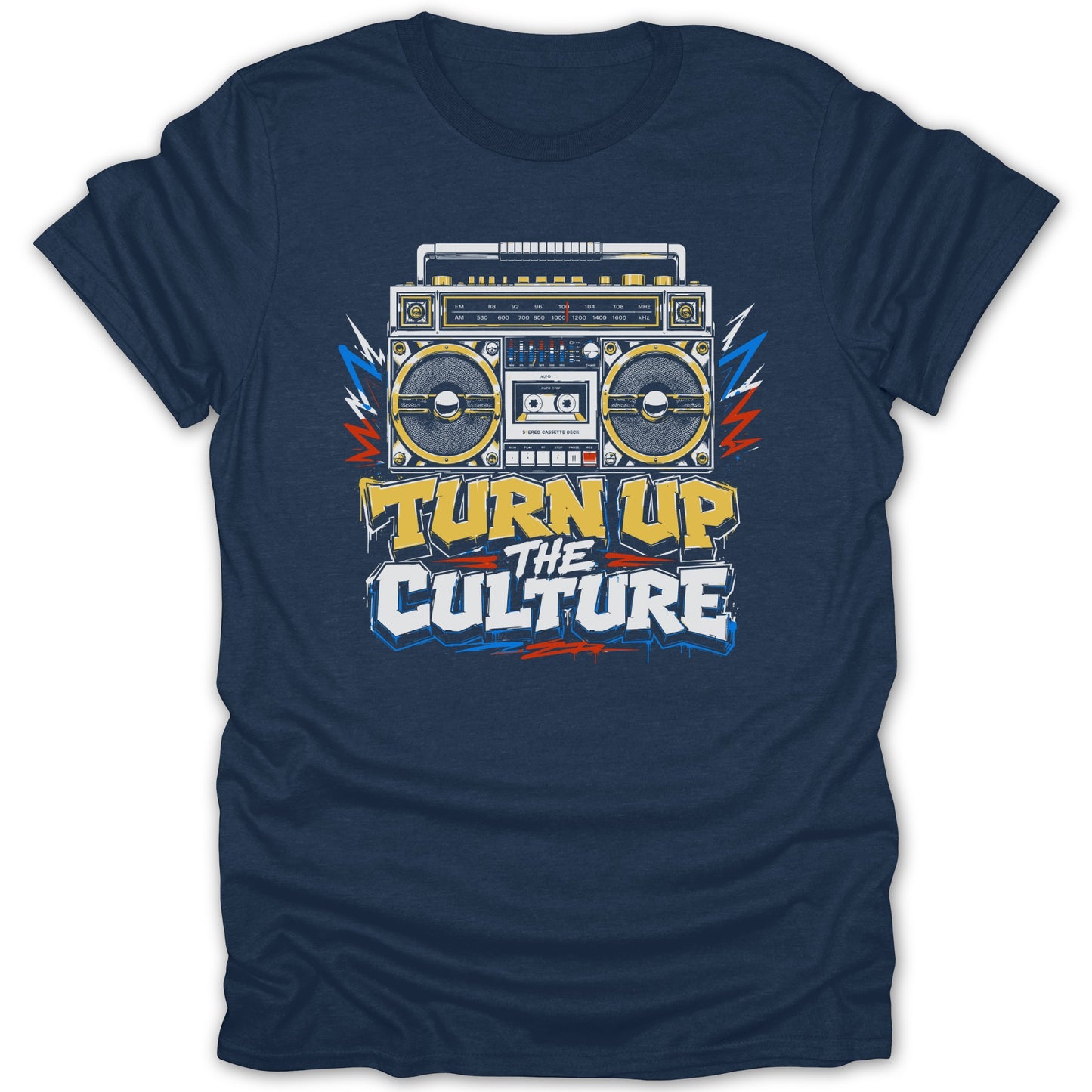 T-shirt with vintage boombox graphic and text "TURN UP THE CULTURE"