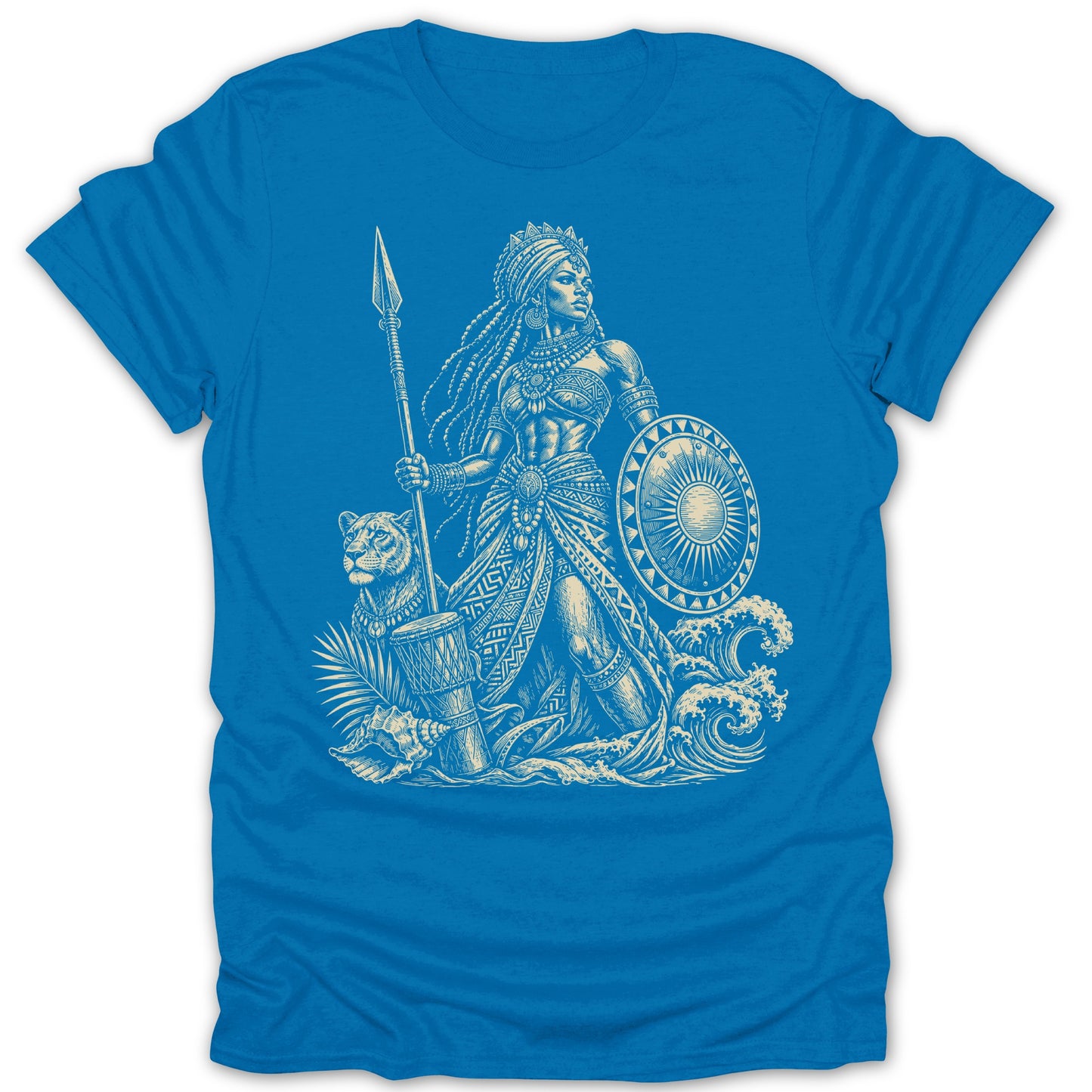 Warrior woman with spear, shield, lion, drum, and waves, on blue shirt.