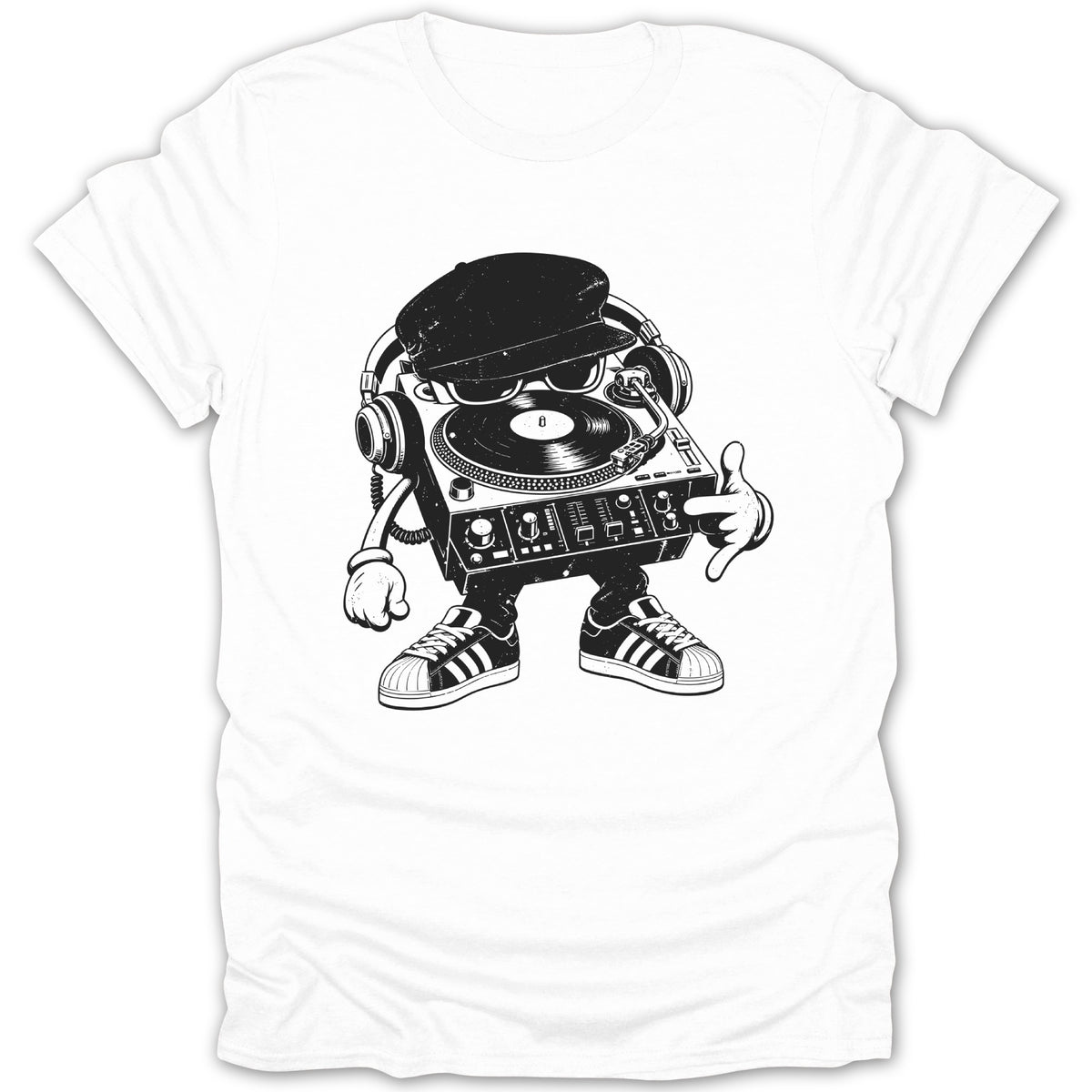 Turntable character with headphones, sunglasses, hat, and sneakers on white t-shirt.