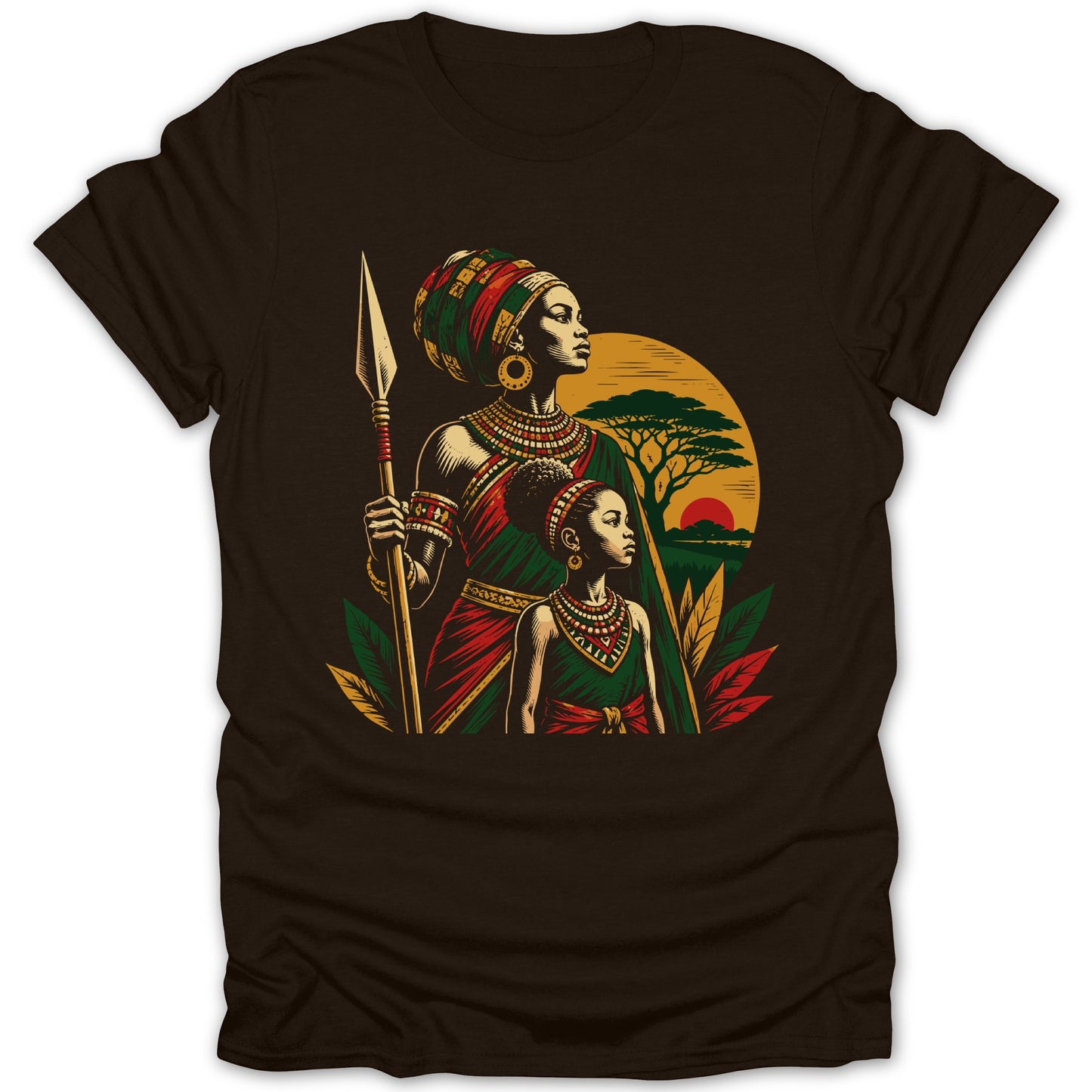 African mother and child with spear against sunset and savanna backdrop.