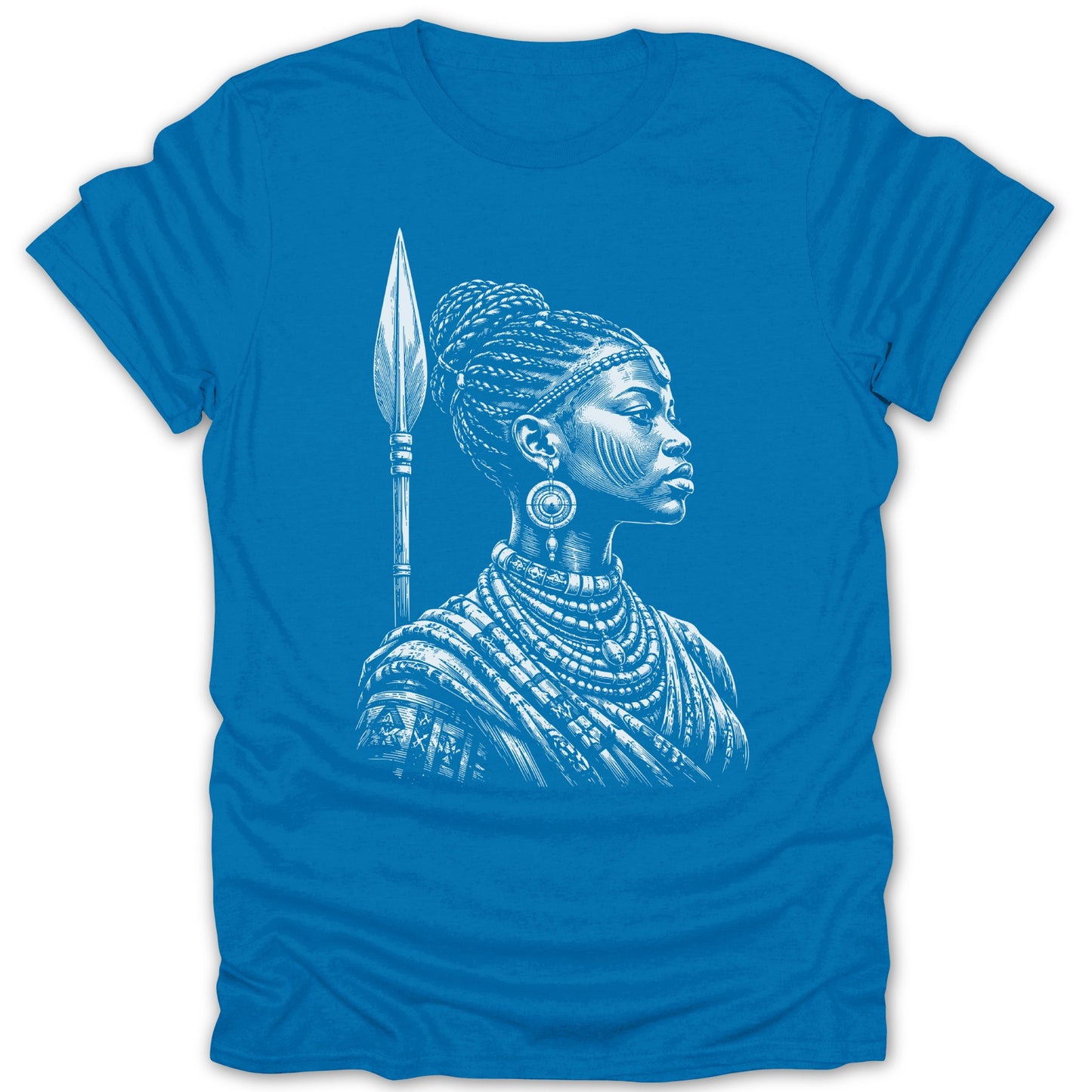 White line drawing of a warrior woman with a spear on a blue t-shirt.